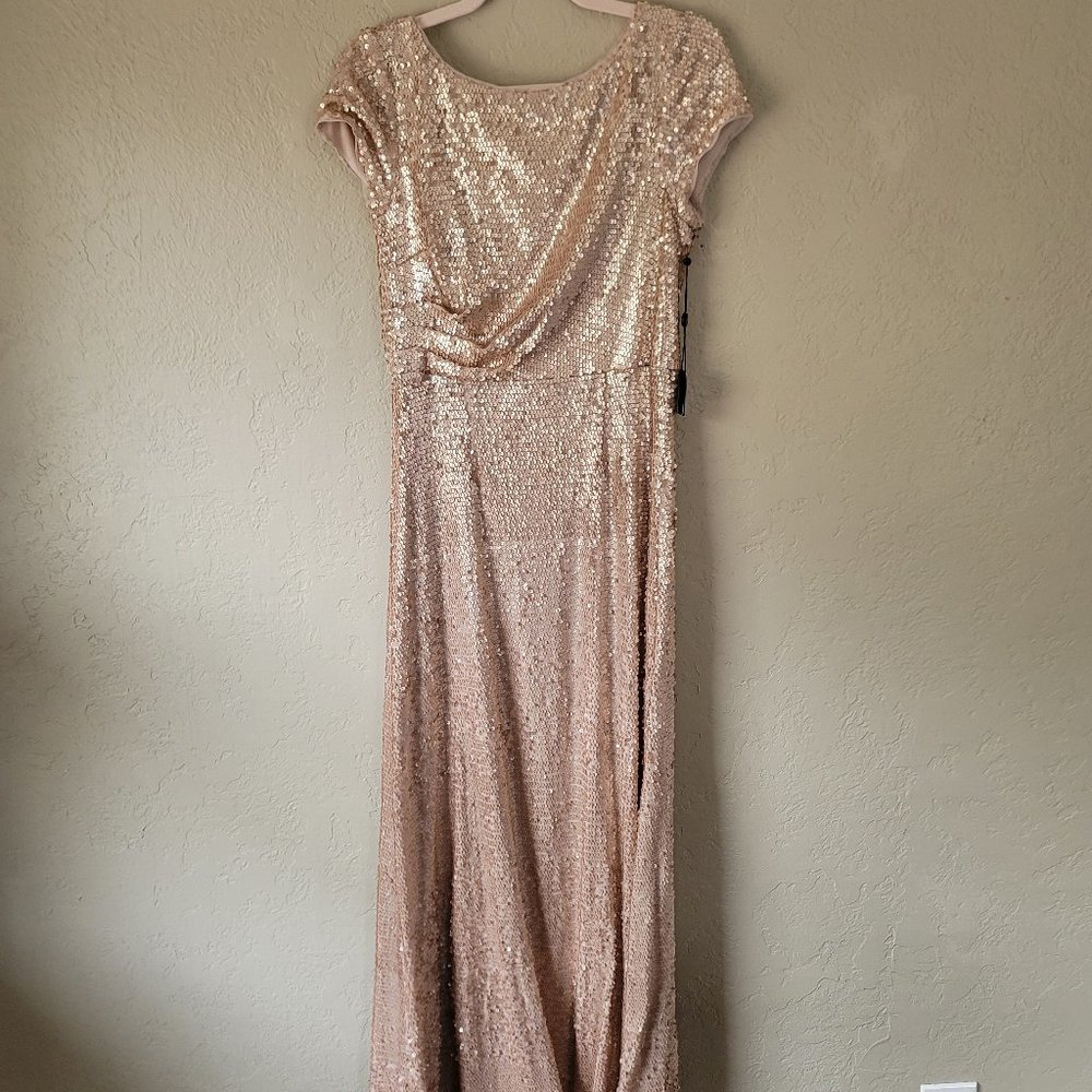 Adrianna Papell Short Sleeve Sequin Long Dress